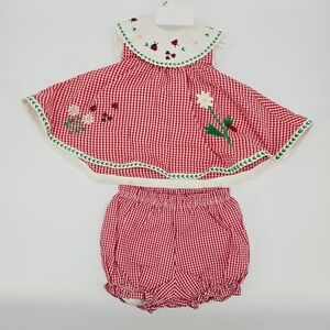 Vintage Baby Togs Red Gingham Ladybug Daisy Embroidery Dress Bloomers 6-9M